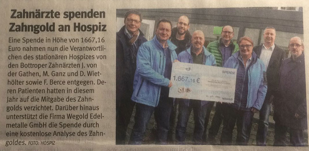 Zahnärzte spenden Zahngold an Hospiz